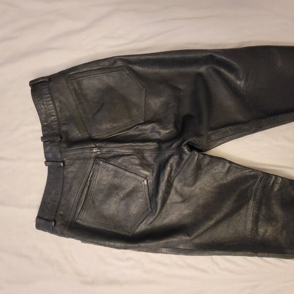 GUESS REAL LEATHER JEANS Y2K Zip Ankle Triangle Pants Black MOTO - Picture 2 of 15